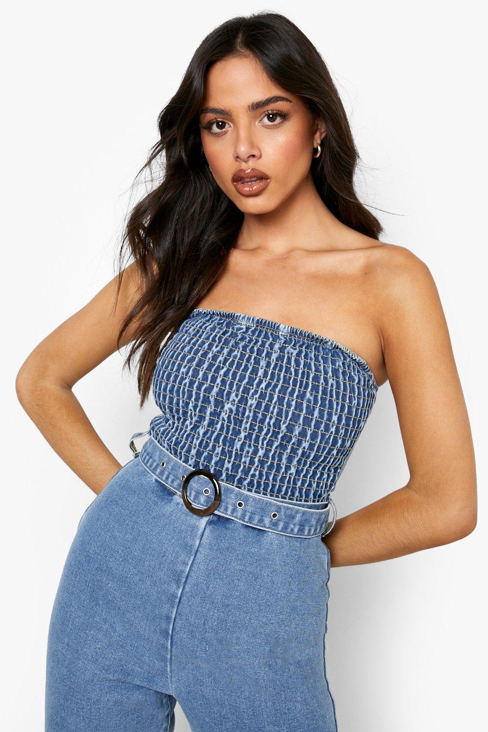 Shirred Bandeau Belted Denim Jumpsuit